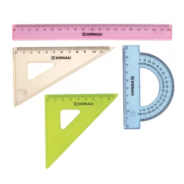 Set geometrie mic, contine: rigla 20cm, raportor, echer 10.5cm, echer 15cm, DONAU - culori asortate