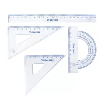 Set geometrie mare, contine: rigla 30cm, raportor, echer 13cm, echer 19cm, DONAU - transparent