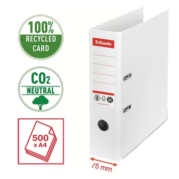 Biblioraft Esselte No.1 Power Recycled, carton CO2 neutru, 100% reciclat, FSC, A4, 75 mm, alb