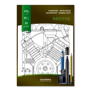 Bloc desen A3, 20 file - 210gsm, pentru schite creion/marker, AURORA Bristol - carton alb