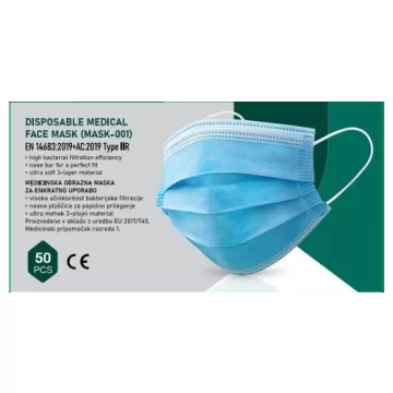 Masca medicala Type IIR - standard EN14683, 3 straturi, unica folosinta, 50 buc/set - alb/albastra