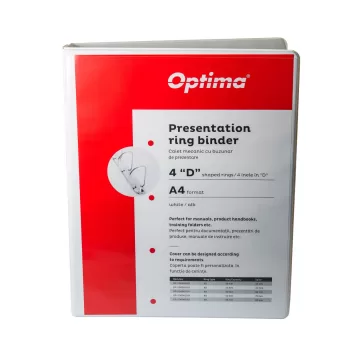 Caiet mecanic A4, cu buzunar, plastifiat PP, 4 inele - D16 mm, cotor 25mm, Optima - alb