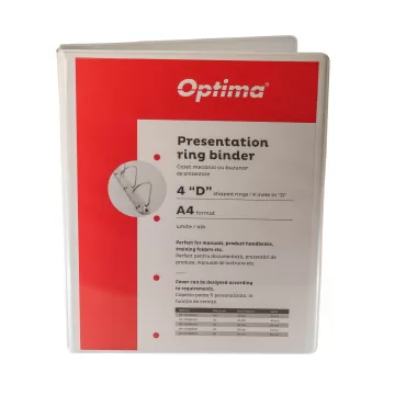 Caiet mecanic A4, cu buzunar, plastifiat PP, 4 inele - D25 mm, cotor 40mm, Optima - alb