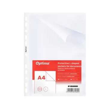 Folie protectie "L" pentru documente A4, 80 microni, 100 folii/set, Optima - cristal