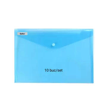 Mapa PP protectie documente A7 landscape, inchidere cu capsa, 10/set, Optima - albastru transparent
