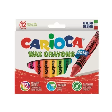 Creioane cerate, rotunde, lavabile, D-12mm, 12 culori/cutie, CARIOCA Wax Crayon Maxi