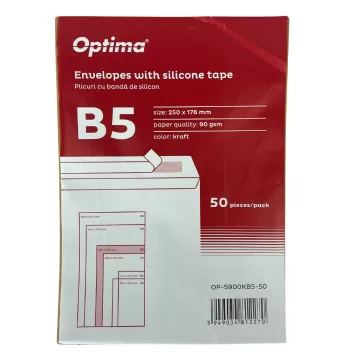 Plic B5 (250x176mm), lipire siliconica, 50 buc/set, Optima - kraft
