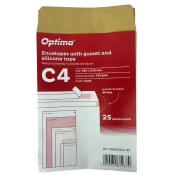 Plic C4 (324x229mm), lipire siliconica, 25 buc/set, Optima - kraft