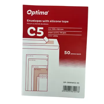 Plic C5 (229x162mm), lipire siliconica, 50 buc/set, Optima - alb