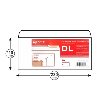 Plic DL (110x220mm), lipire siliconica, 50 buc/set, Optima - alb - fereastra stanga