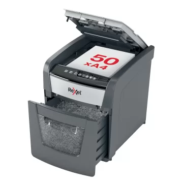 Distrugator documente automat REXEL Optimum 50X, P4, cross-cut(confeti), 50coli, cos 20l, negru-gri