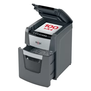 Distrugator documente automat REXEL Optimum 100X, P4, cross-cut, 100 coli, cos 34l, negru-gri