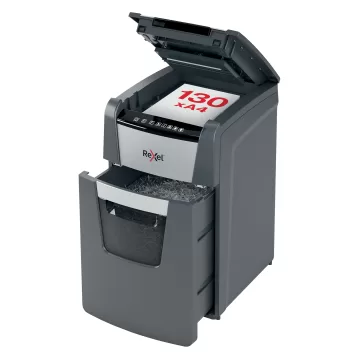 Distrugator documente automat REXEL Optimum 130M, P5, micro-cut, 130 coli, cos 44l, negru-gri
