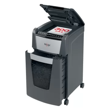 Distrugator documente automat REXEL Optimum 300X, P4, cross-cut, 300 coli, cos 60l, negru-gri