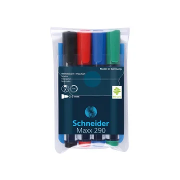 Marker SCHNEIDER Maxx 290, pentru tabla de scris+flipchart, varf rotund 2-3mm, 4 cul/set - (N,R,A,V)