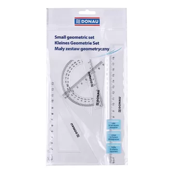 Set geometrie mic, contine: rigla 20cm, raportor, echer 10.5cm, echer 15cm, DONAU -transparent