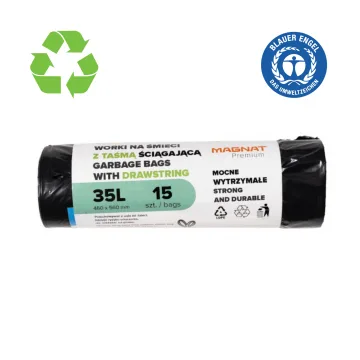 Saci plastic reciclat, standard, 35L, cu snur, 46x56cm, 25 microni, 15buc/rola, RESACO - negri