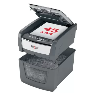 Distrugator documente automat REXEL Optimum 45X, P4, cross-cut(confeti), 45coli, cos 20l, negru-gri