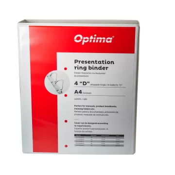 Caiet mecanic A4, cu buzunar, plastifiat PP, 4 inele - D40 mm, cotor 65mm, Optima - alb