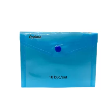 Mapa PP protectie documente A6 landscape, inchidere cu capsa, 10/set, Optima - albastru transparent