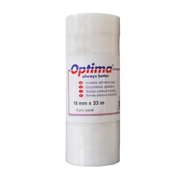 Banda adeziva 18mm x 33 m, 50 microni, Optima - mata, invizibila la copiere - se rupe usor, cu mana