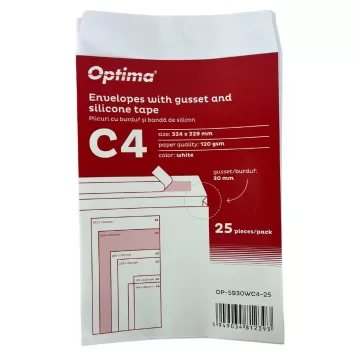 Plic C4 (324x229mm), cu burduf 30mm, lipire siliconica, 25 buc/set, Optima - alb